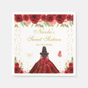 Red Floral Dark Skin Princess Sweet Sixteen Napkins