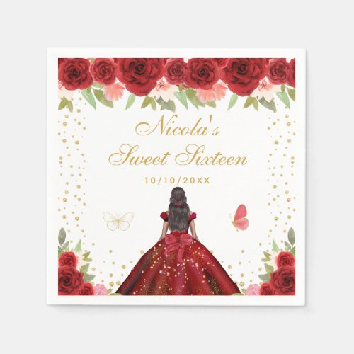 Red Floral Dark Skin Princess Sweet Sixteen Napkins