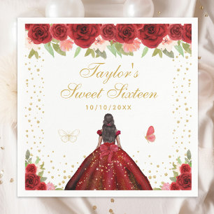 Red Floral Dark Skin Princess Sweet Sixteen Napkins