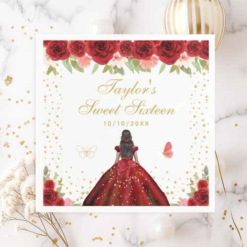 Red Floral Dark Skin Princess Sweet Sixteen Napkins