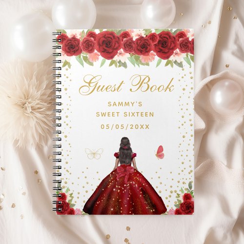 Red Floral Dark Skin Princess Sweet Sixteen Notebook