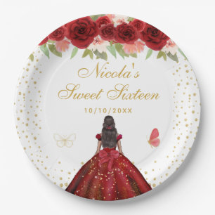 Red Floral Dark Skin Princess Sweet Sixteen Paper Plates