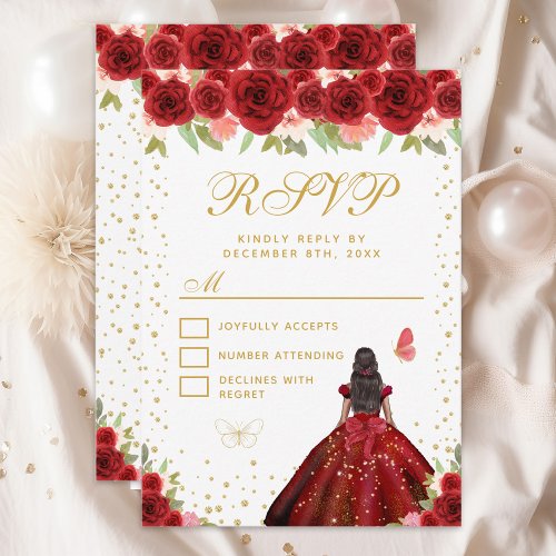 Red Floral Dark Skin Princess Sweet Sixteen RSVP Card