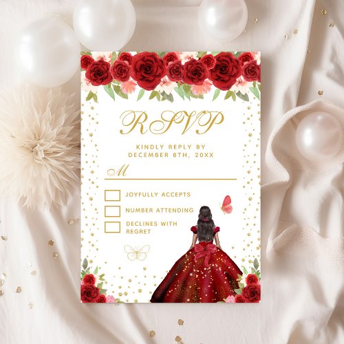 Red Floral Dark Skin Princess Sweet Sixteen RSVP Card