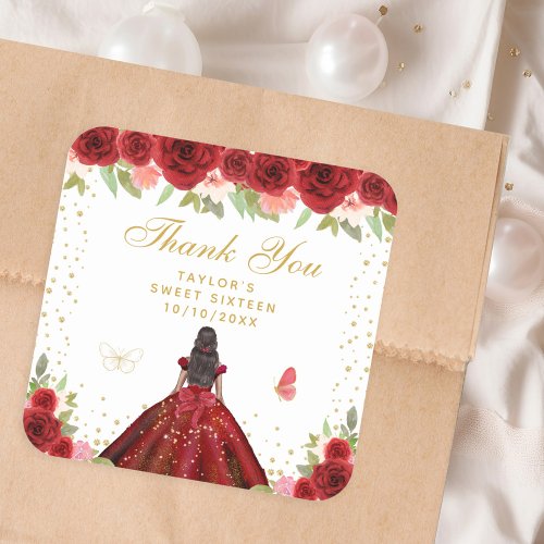 Red Floral Dark Skin Princess Sweet Sixteen Square Sticker