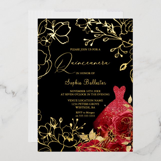 Red Floral & Dress Black Quinceanera Gold Leaves Foil Invitation (Envelope)