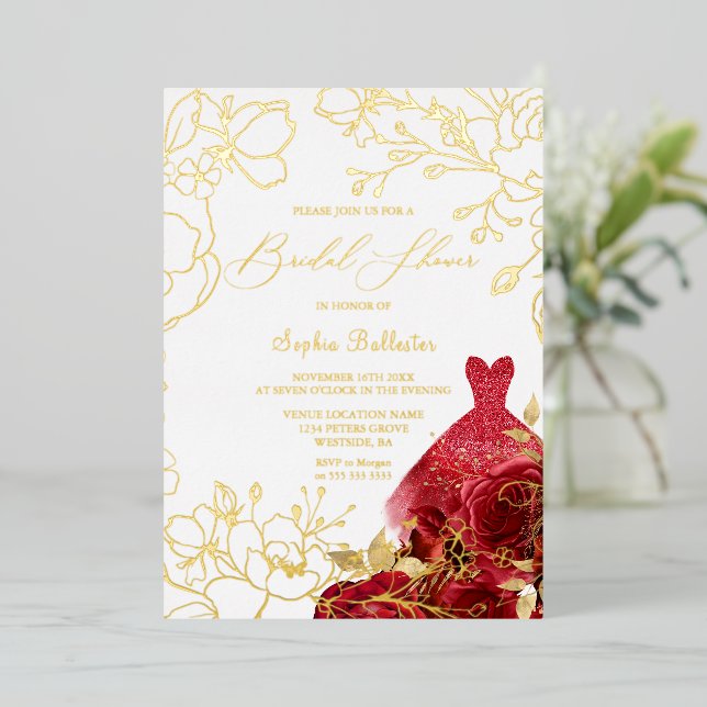 Red Floral & Dress Bridal Shower Gold Leaves Foil Invitation (Standing Front)