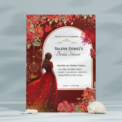 Red Floral Dress Butterfly Bridal shower Invitation