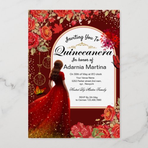 Red Floral Dress Butterfly Quinceanera Gold Foil Invitation