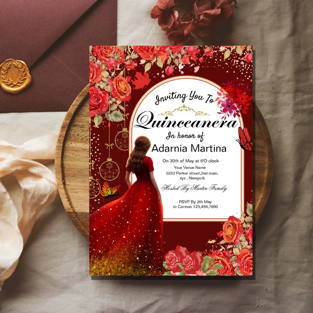 Red Floral Dress Butterfly Quinceanera Gold Foil Invitation (Creator Uploaded)