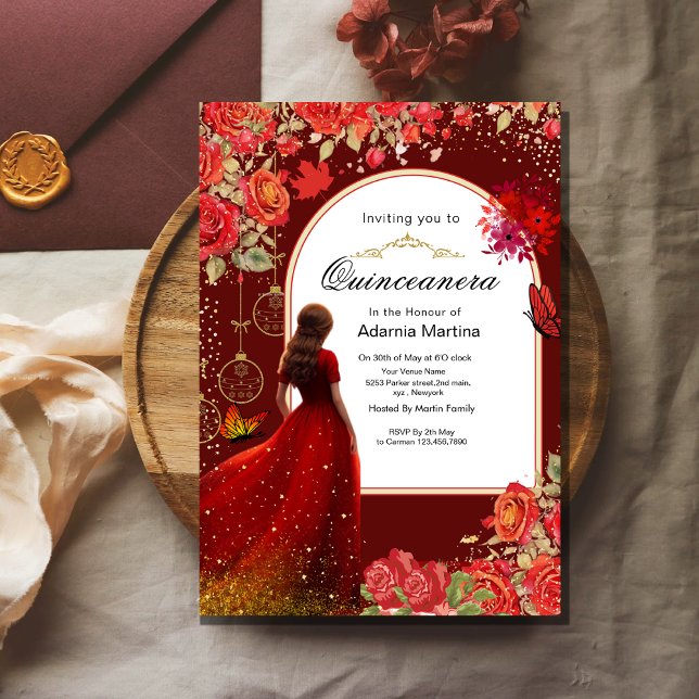 Red Floral Dress Butterfly Quinceanera Gold Foil Invitation (Creator Uploaded)