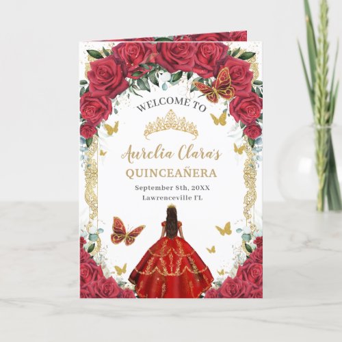 Red Floral Dress Gold Quinceaera Order of Events Program