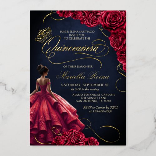 Red Floral Dress Quinceaera Foil Invitation