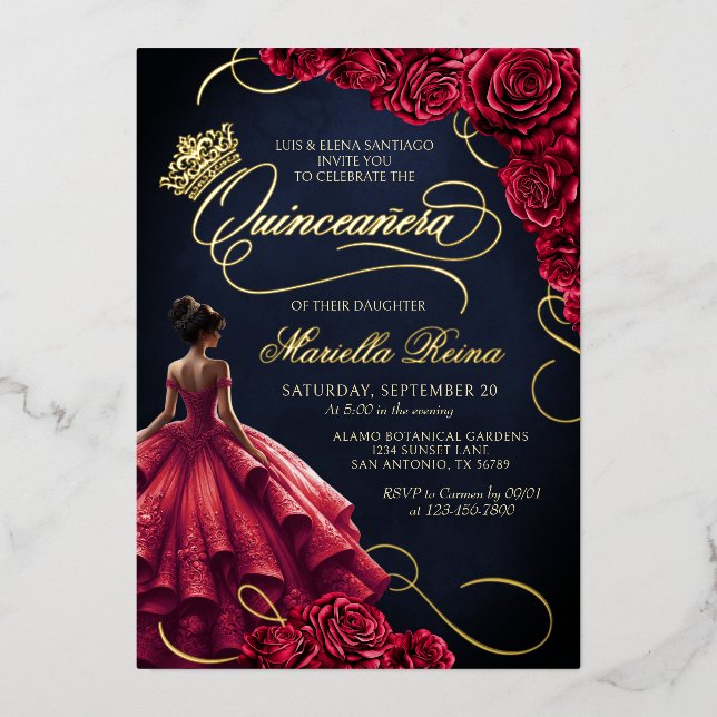 Red Floral Dress Quinceañera Foil Invitation (Front)