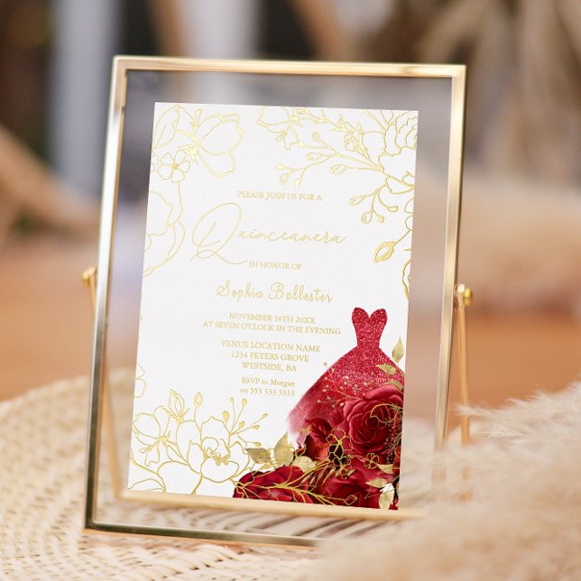 Red Floral & Dress Quinceanera Gold Leaves Foil Invitation (Creator Uploaded)