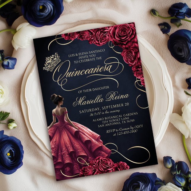 Red Floral Dress Quinceañera Invitation (Creator Uploaded)