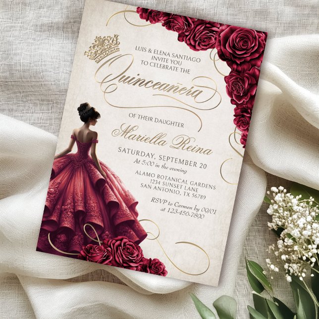 Red Floral Dress Quinceañera Invitation (Creator Uploaded)