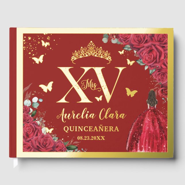 Red Floral Dress Quinceañera Quince 15 XV Gold Foil Guest Book (Front)