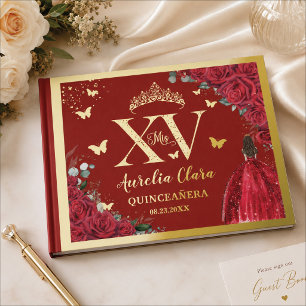Red Floral Dress Quinceañera Quince 15 XV Gold Foil Guest Book