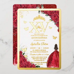 Red Floral Dress Quinceañera Quince 15 XV Gold Foil Invitation