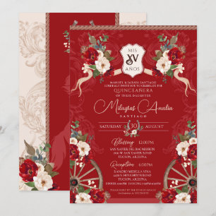 Red Floral Elegant Baroque Charra Quinceañera Invitation
