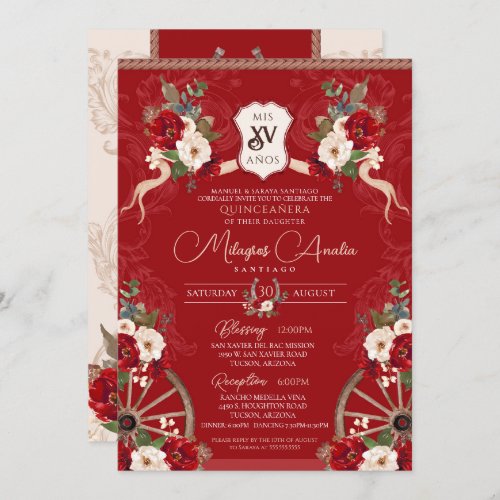 Red Floral Elegant Baroque Charra Quinceaera Invitation