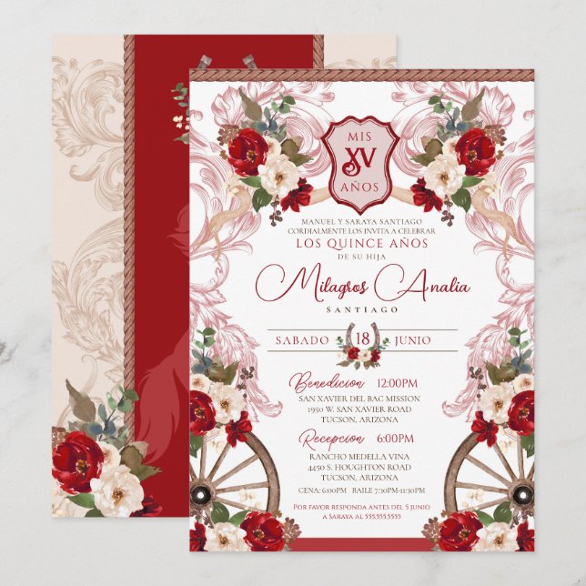 Red Floral Elegant Baroque Charro Quinceañera Invitation (Front/Back)