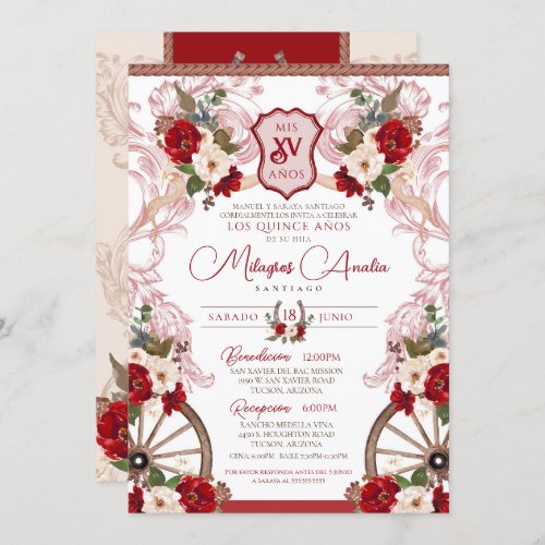 Red Floral Elegant Baroque Charro Quinceaera Invitation