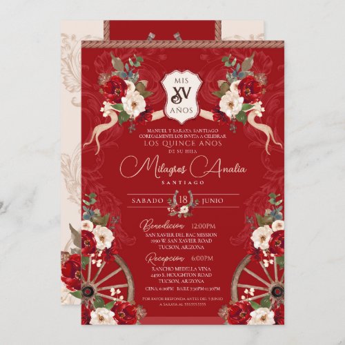 Red Floral Elegant Baroque Charro Quinceanera Invitation