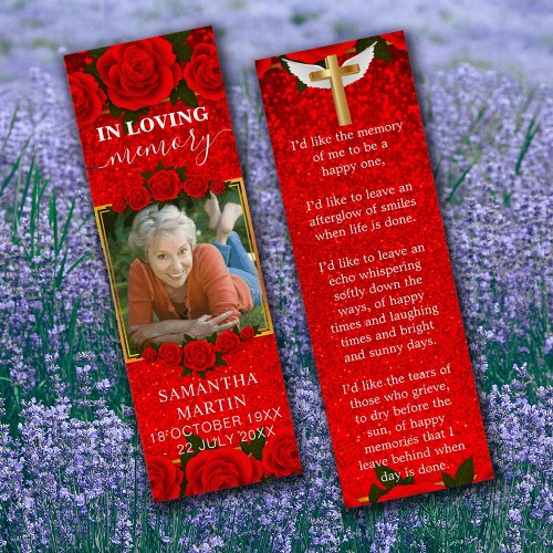 Red Floral Elegant Memorial Funeral Bookmark