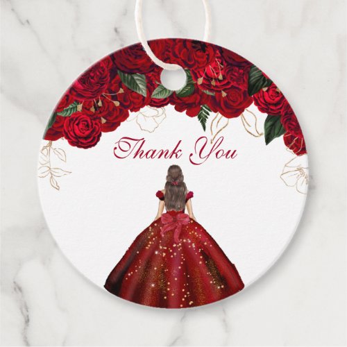 Red Floral Elegant Roses Quince Birthday Thank You Favor Tags