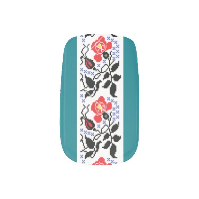 Red Floral Embroidery Vyshyvanka Minx Nail Wraps (Left Thumb)