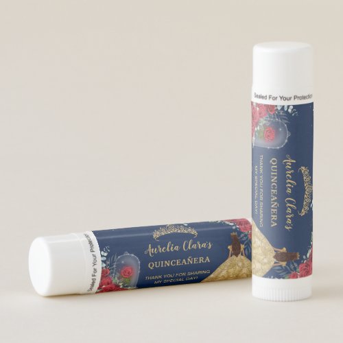 Red Floral Enchanted Rose Navy Quinceanera Favor Lip Balm