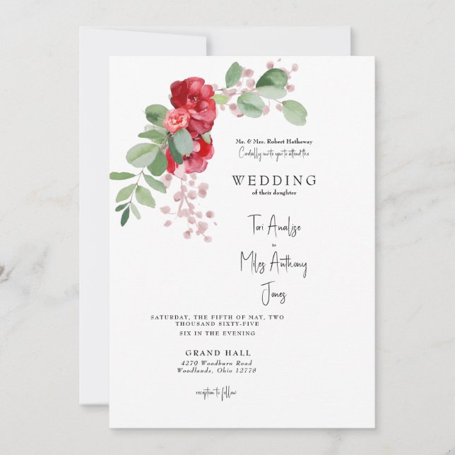 Red Floral Eucalyptus Bride Parents Wedding Invitation (Front)
