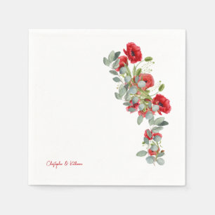 Red Floral Eucalyptus Wedding Cocktail Napkins