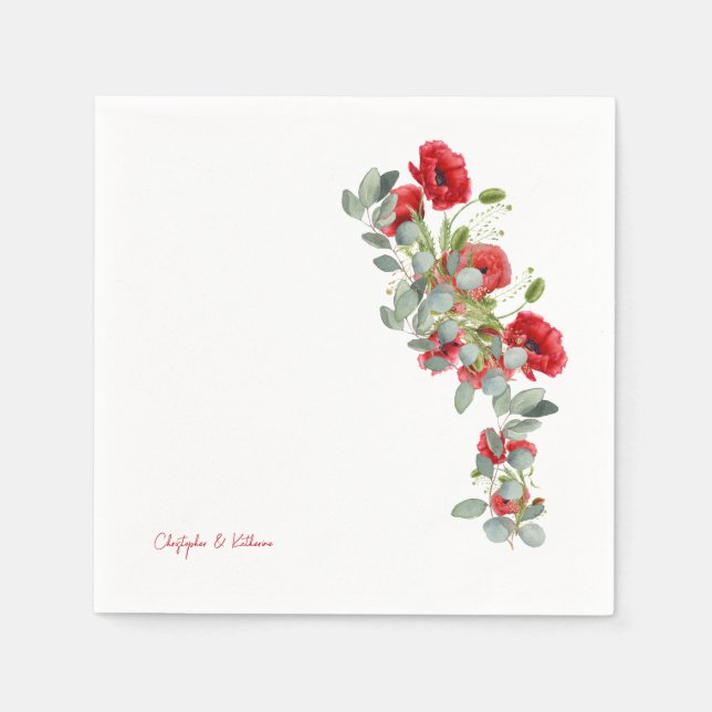 Red Floral Eucalyptus Wedding Cocktail Napkins (Front)