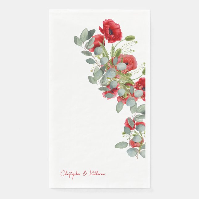 Red Floral Eucalyptus Wedding Paper Guest Towels (Front)