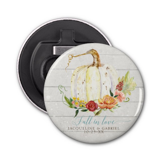 Red Floral Fall White Pumpkin Autumn Wood Wedding Bottle Opener (Front)