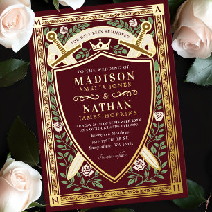 Red Floral Fantasy Swords Shield Monogram Wedding Foil Invitation