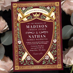 Red Floral Fantasy Swords Shield Monogram Wedding Invitation