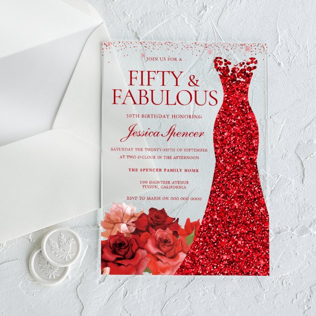 Red Floral Fifty & Fabulous 50th Birthday Party Acrylic Invitations (Creator Uploaded)