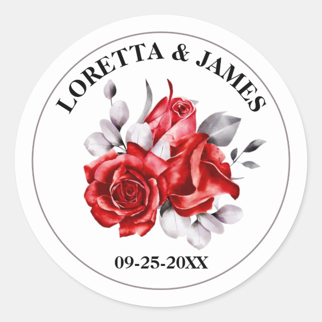 Red Floral Floral Wedding Classic Round Sticker (Front)