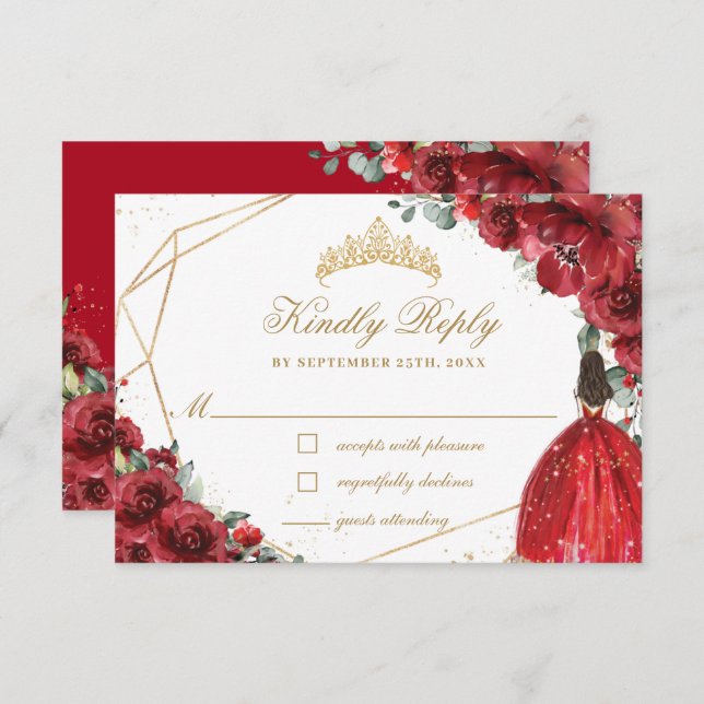 Red Floral Flower Quinceañera Gold Princess Crown  RSVP Card (Front/Back)
