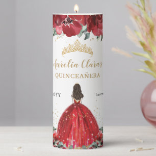 Red Floral Flower Roses Tiara Quinceañera Birthday Pillar Candle