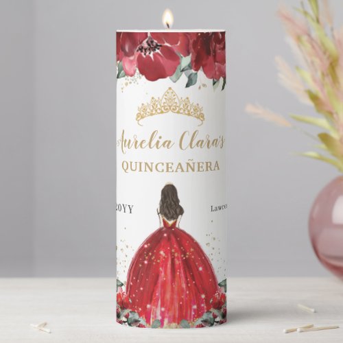 Red Floral Flower Roses Tiara Quinceaera Birthday Pillar Candle