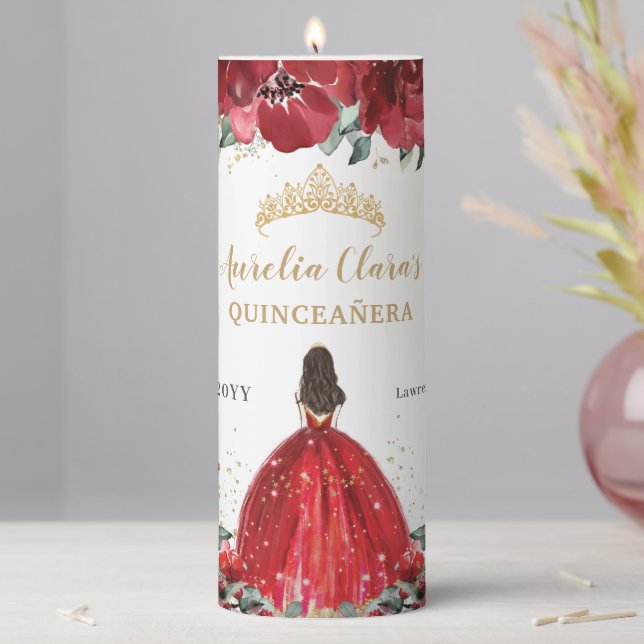 Red Floral Flower Roses Tiara Quinceañera Birthday Pillar Candle (In Situ)
