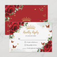 Red Floral Flowers Butterflies Gold Quinceañera
