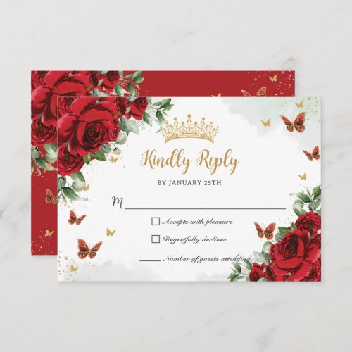 Red Floral Flowers Butterflies Gold Quinceaera RSVP Card