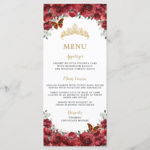 Red Floral Flowers Gold Quinceanera Birthday Menu