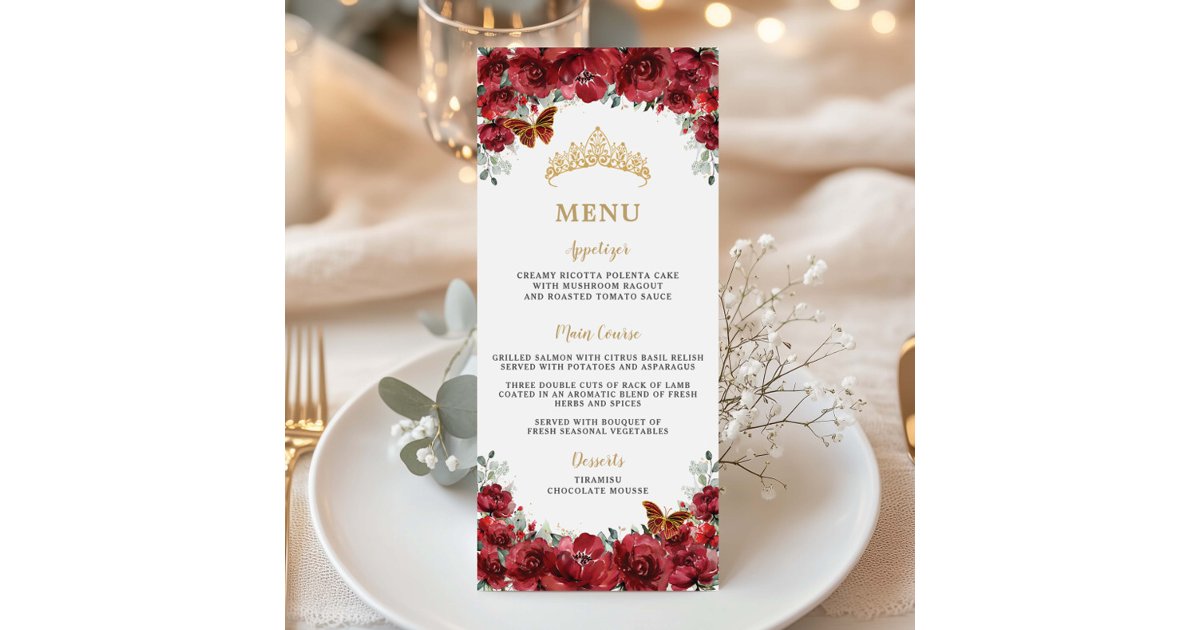 Red Floral Flowers Gold Quinceanera Birthday Menu | Zazzle